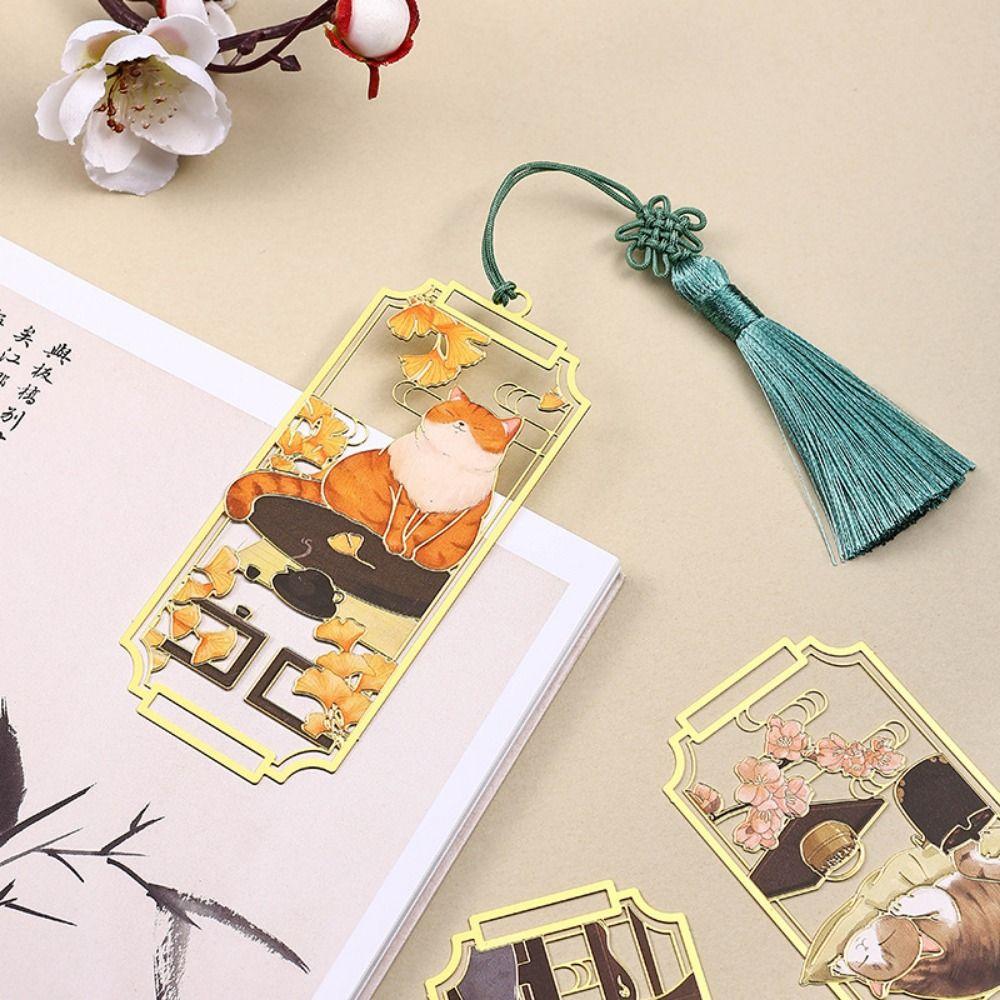 Cat Hollowed Cat Bookmark Tassels Flower Metal Reading Bookmark Creative Retro Chinese Style Bookmarks Student Stationery