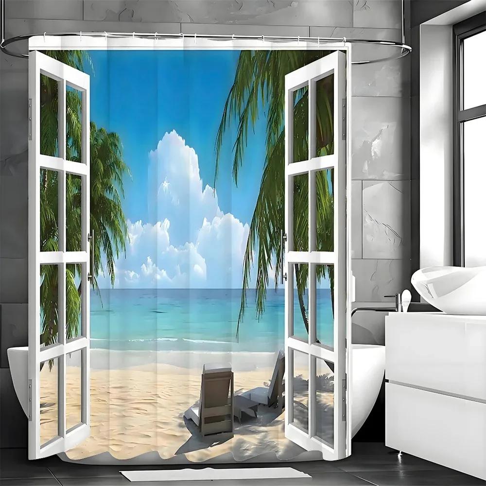 Tropical Palm Tree Shower Curtain, Ocean Beach Island Window Palm Tree Bathroom Decorative Shower Curtain, Waterproof Shower Cur