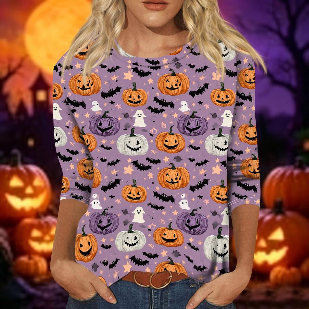 Women Casual 3/4 Sleeve Halloween Print Pullover Top Round Neck Lightweight Soft Fabric Comfortable Fit