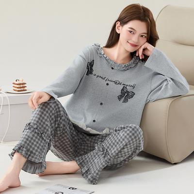 Big Size M-4XL Spring and Autumn Women Knited Cotton Pyjamas Female Long Sleeve Cute Cartoon Sleepwear