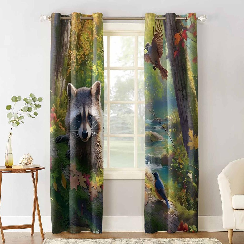 Forest Stream Raccoon Bird Blackout Curtains For Living Room Bedroom Window Treatment Blinds Drapes