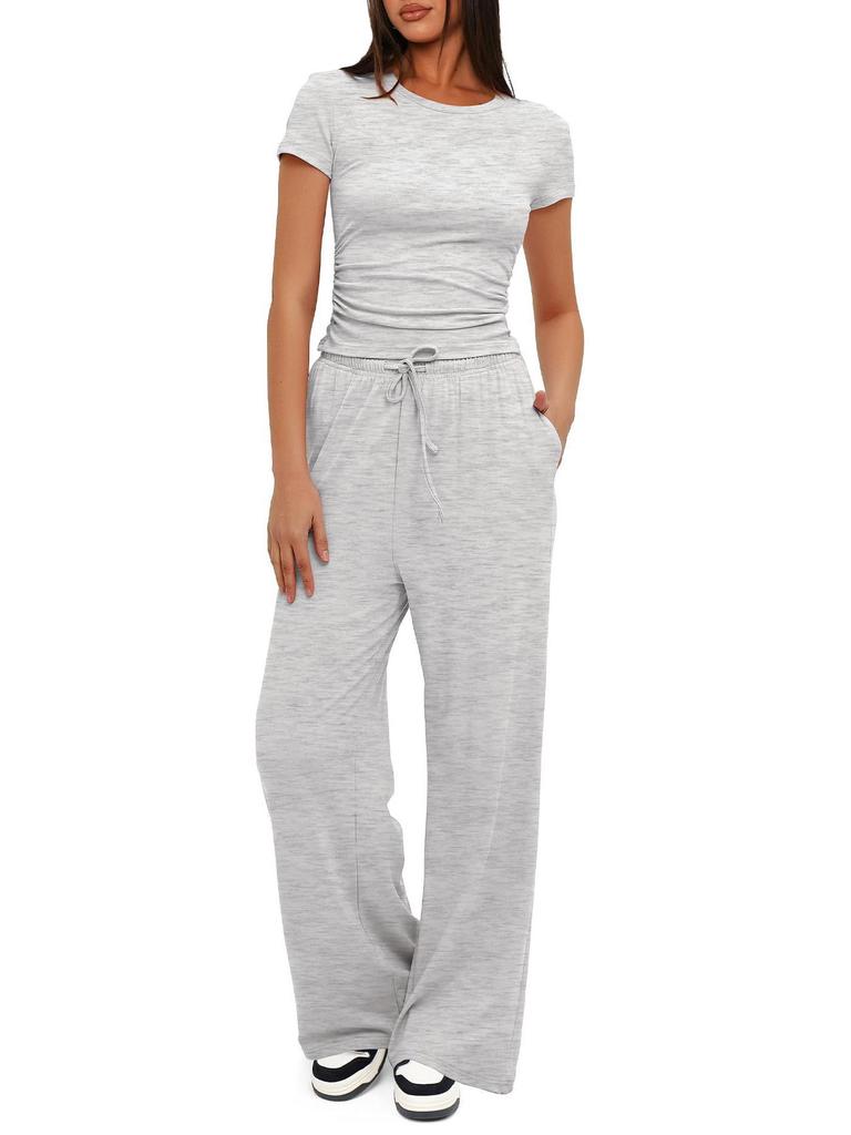 Women's 2-Piece Casual Set: Ruffle Sleeve Top & High Waist Wide Leg Pants Sportswear