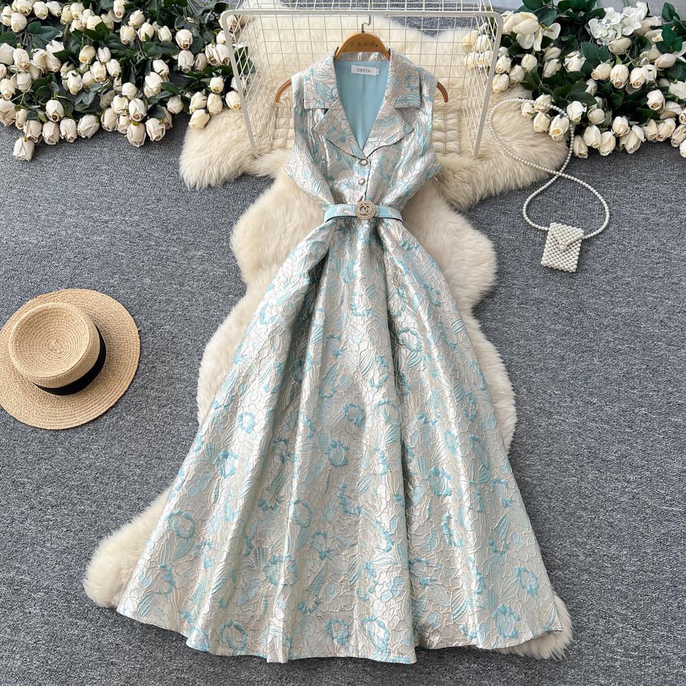 Elegant temperament style suit collar jacquard dress women's summer sleeveless strap waist thin A-shaped long dress