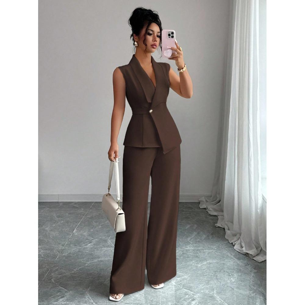 Women's Relaxed Fit Two Piece Pantsuit Sleeveless Blazer Top High Waist Wide Leg Trousers Solid Color Elegant Commuter Matching Outfit
