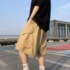 Khaki 7-point Men Summer Thin Japanese Workwear Wide-leg Loose Over-knee Shorts