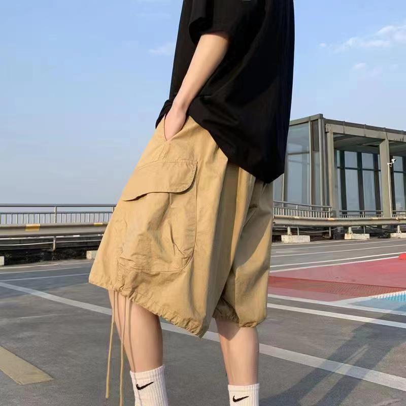 Khaki 7-point Men Summer Thin Japanese Workwear Wide-leg Loose Over-knee Shorts