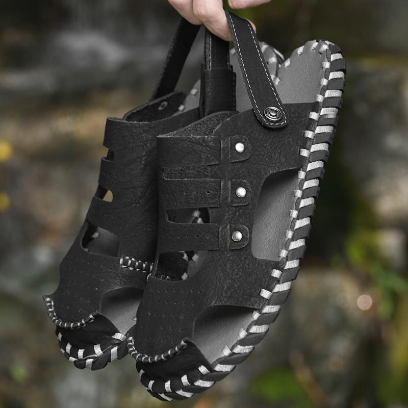 

Новые летние мужские туфли для вождения, сандалии, домашние тапочки, пляжная обувь, повседневные, легкие, универсальные, кожаные, водонепроницаемые тапочки, двойного назначения 46 чёрный