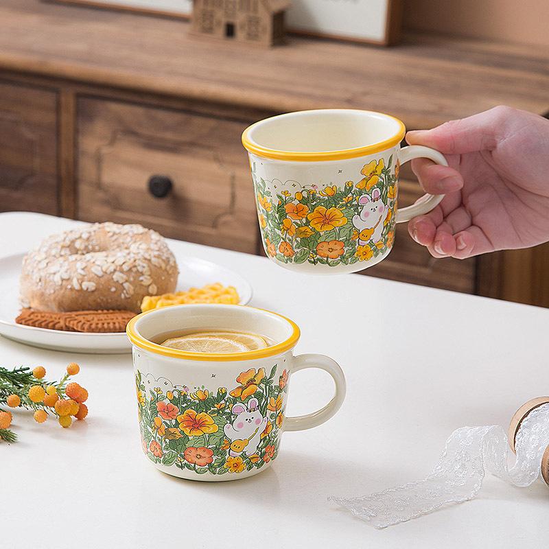 Cute Cartoon Ceramic Cup Water Cup Milk Cup Breakfast Cup Children's Cup Flowers Bunny Girls Gift Cup