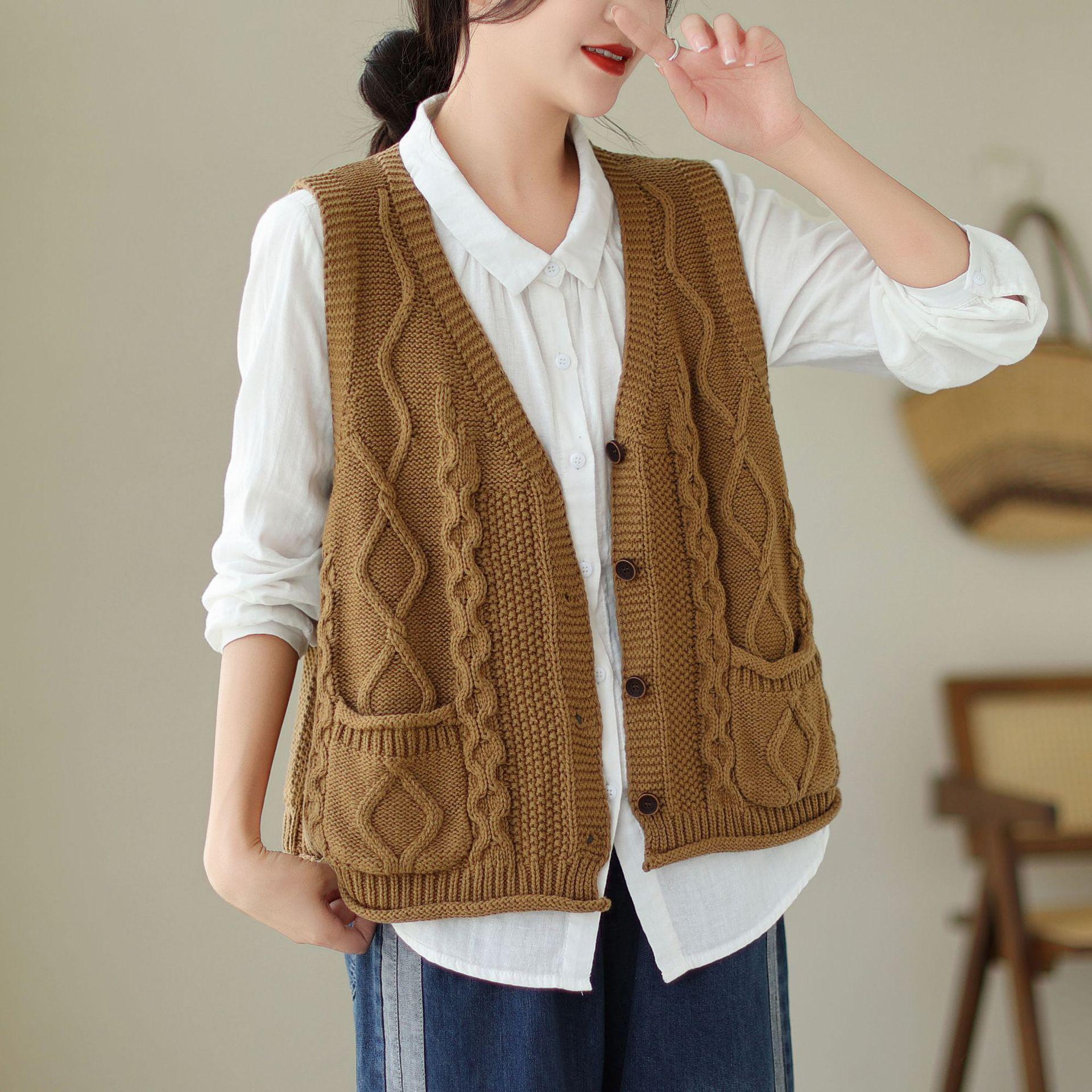 

Johnature женские винтажные свитера, жилеты с v-образным вырезом без рукавов, лоскутные пальто с карманами, трикотажная хлопковая одежда, осенние свитера One Size светло-коричневого