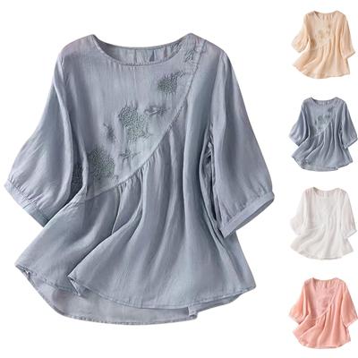 Damenmode T-Shirt Einfarbig Bestickt Baumwolle und Leinen Übergröße Top