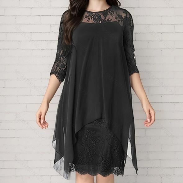 

GMXIA Весна Лето Элегантный Ветер Кружевная Вставка Рукав Семь Восьмых Шифон Миди XXL чёрный