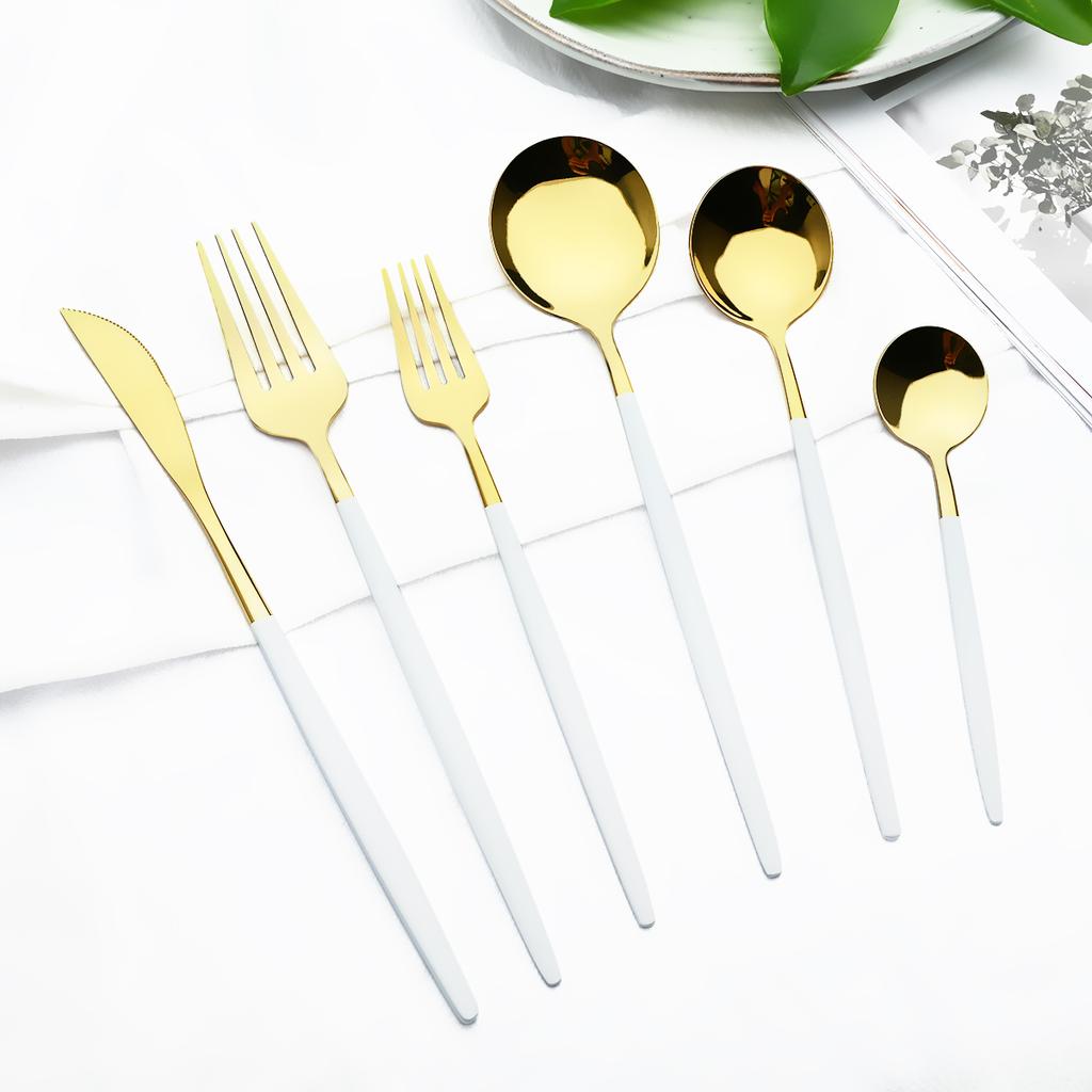 6Pcs/Set Gold Dinnerware Cutlery Set Mirror Stainless Steel Dinner Flatware Knife Dessert Fork Coffee Spoon Tableware Silverware Set