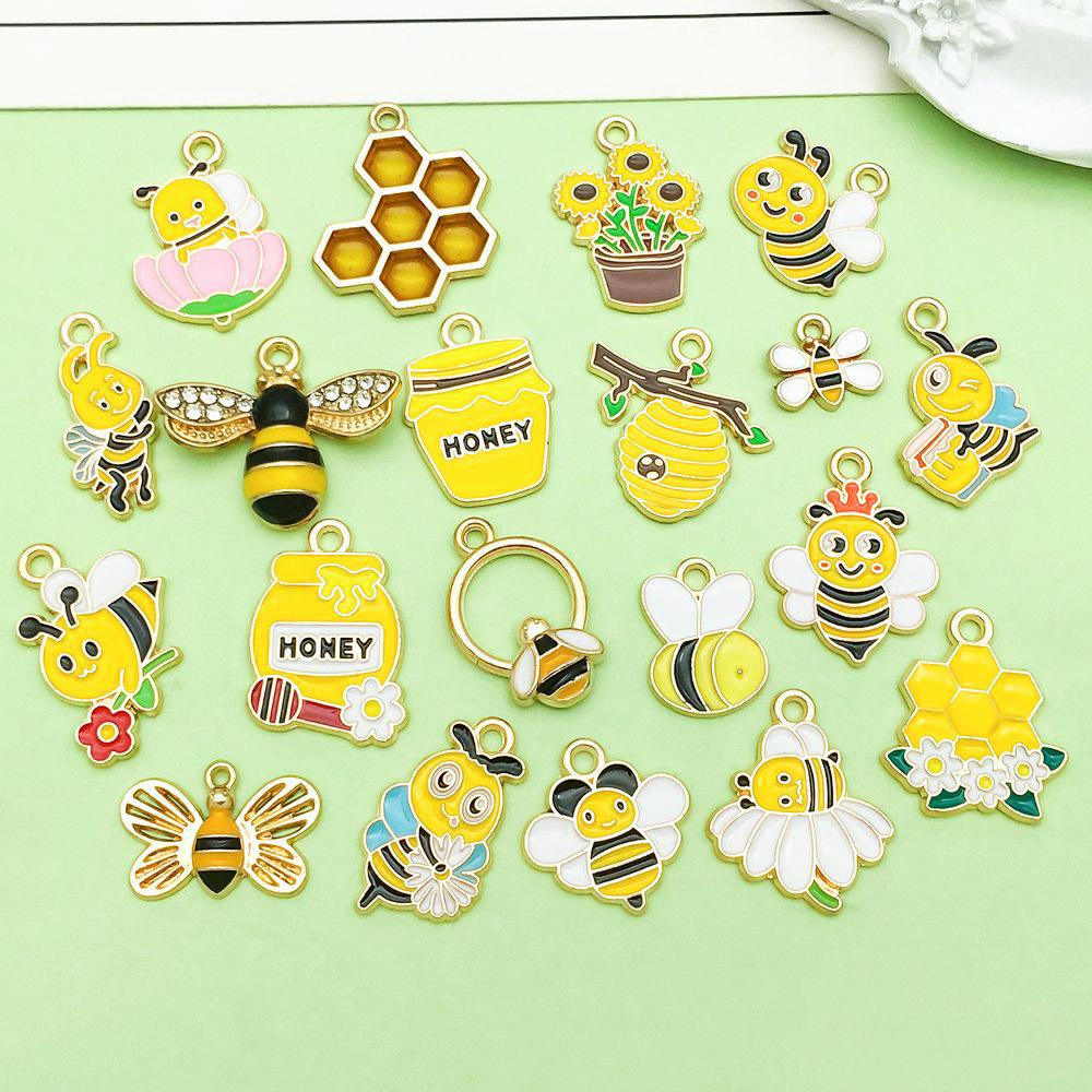 Set of 20 Yellow Enamel Bee and Beehive Pendants for DIY Bracelets and Necklaces
