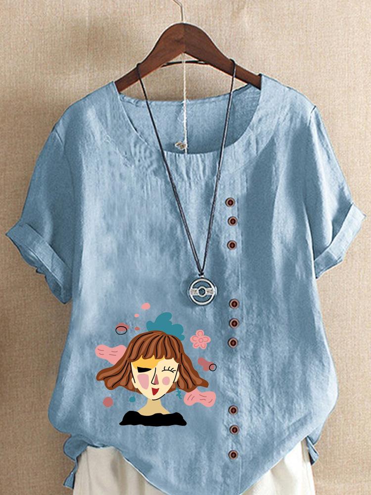 Women's Fashion Abstract Girl Print Shot Sleeve T-shirt Loose Cotton Shirt Casual Loose Summer Plus Size Blouse Tops