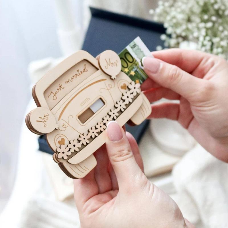 1PC Money Gift Holder Creative Congrats Card Wooden Crafts Desktop Ornament Unfinished Wood Car Shape Wedding