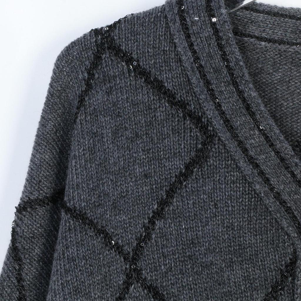 French Spring Diamond Sequin V-Neck Cardigan: Versatile, Loose-Fit, Fashionable Knit Jacket