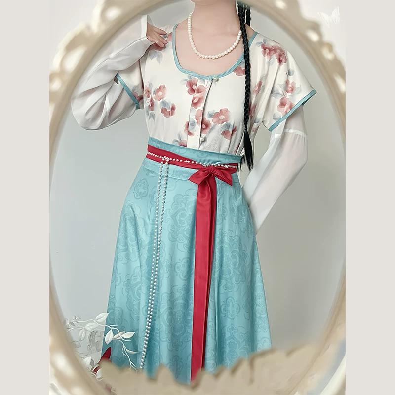 Chinese Tang Dynasty Style Hanfu for Women Printed Round Neck Top & Long Skirt Set Traditional Hanfu Costume