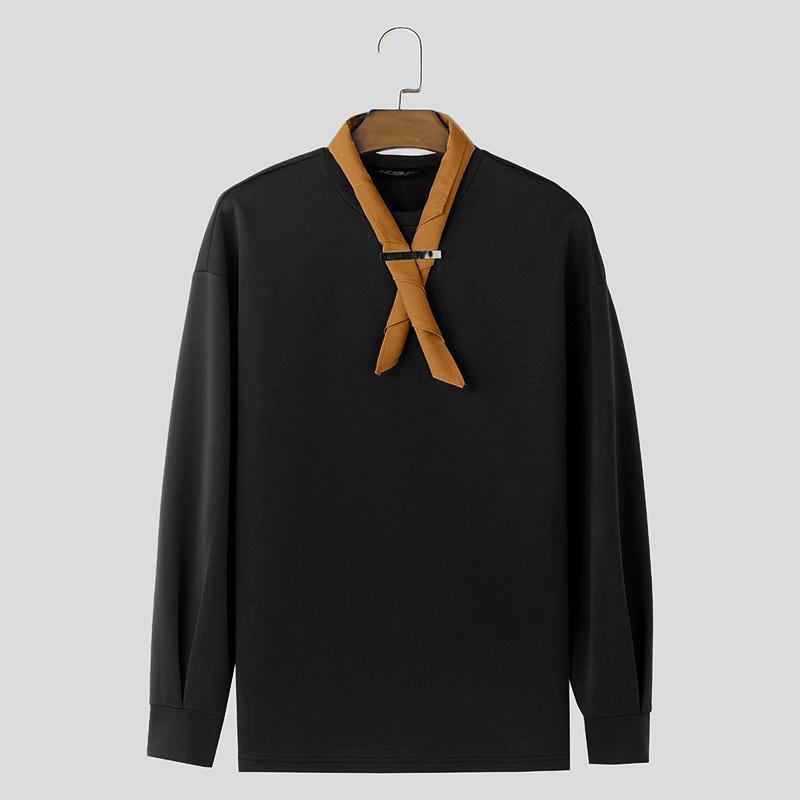 INCERUN Men O Neck Tie Up Long Sleeve Casual Loose Pullovers Oversized Sweatshirts