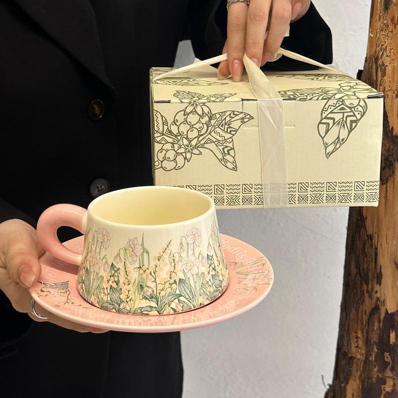 Enamel Lily of the Valley Coffee Set, Hand-Painted Flower Mug with Saucer for Gift