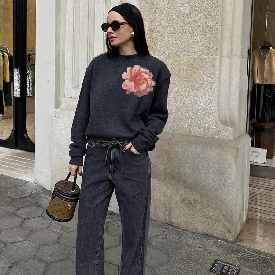 Damenpullover für den Herbst, langärmelig, Blumendruck, übergroße Pullover, trendiger, lässiger Rundhalsausschnitt, Strickoberteil, Pullover für Damen, lässiger Pullover