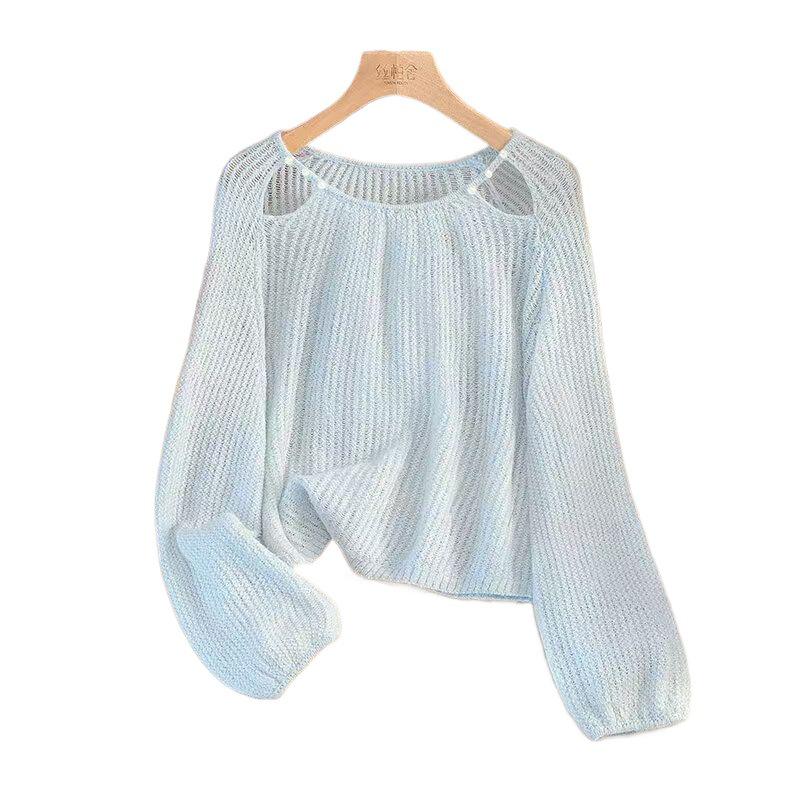 Sweet Openwork Round Neck Beaded Sunscreen Loose Knit Top for Women