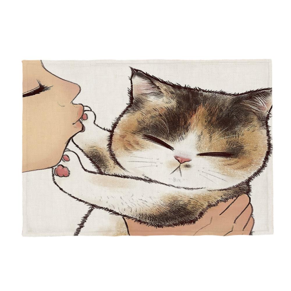 Kočičí lněná podložka na stůl Roztomilý odmítá políbit Prostírání s kresleným vzorem Dekorace na kuchyňský stůl Mat