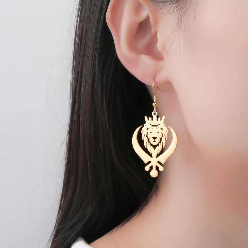 LIKGREAT Lion King Crown Dangle Earrings Sikh Khanda Punjabi Symbol Stainless Steel Jewelry Vintage Gift For Women