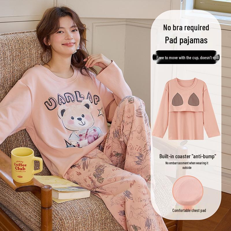 

Женский милый мультяшный комплект из двух частей с длинным рукавом и нагрудными вкладышами для весны и осени Large