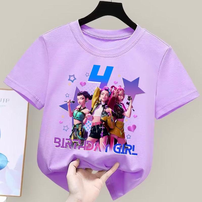 Kpop Demon Hunters Purple T-shirts Girls Cartoon Number Printed Short-sleeved Top Children Summer Sweet T-shirt Birthday Gift