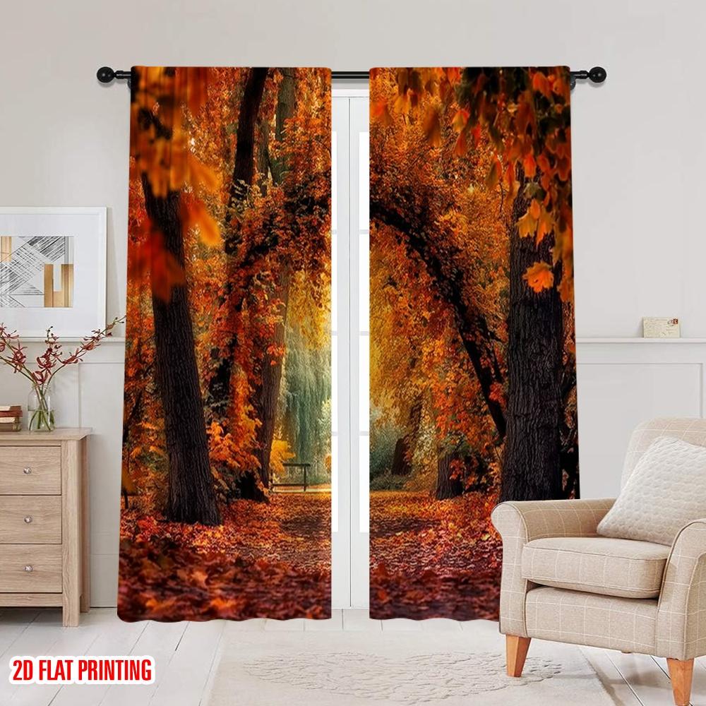 2pcs 2D flat printing St.Patrick's Day Curtain Bright orange and yellow autumn leaves 100% Polyester Without Electricity Family