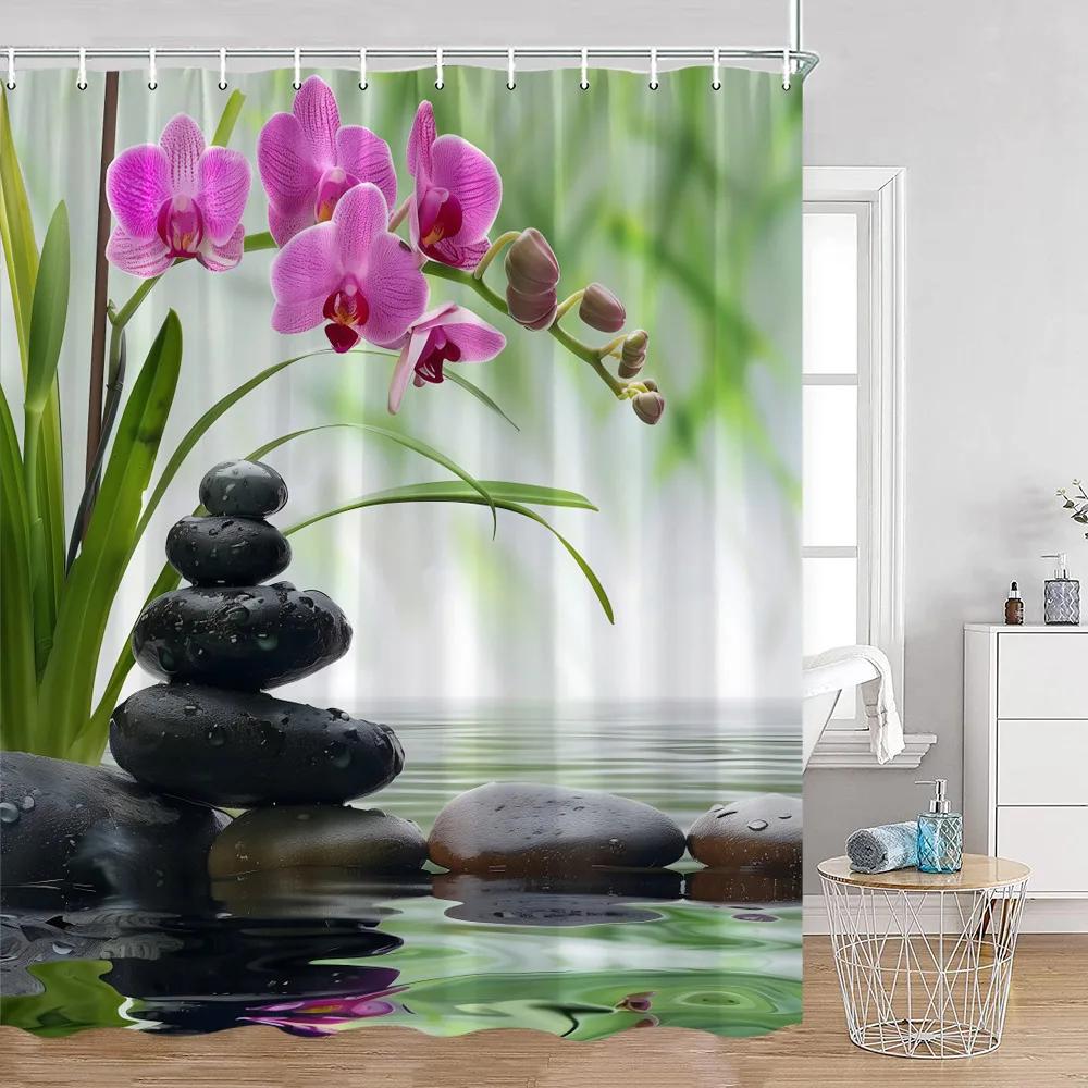 Zen Shower Curtains Black Stone Green Bamboo Lotus Spa Candle Purple Orchid Natural Leaf Bathroom Curtain Meditation Bath Decor
