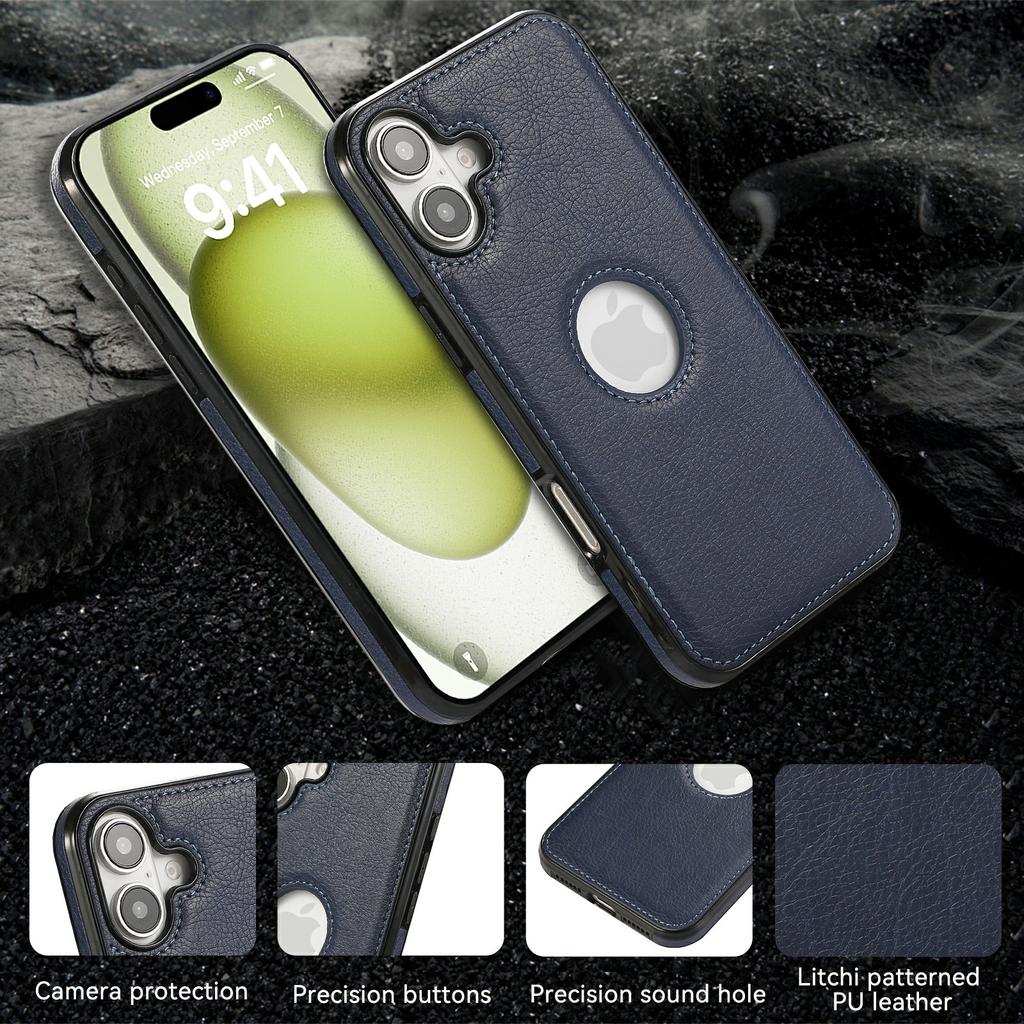 For iPhone 16 Case Logo View Litchi Texture PU Leather Coated PC+TPU Phone Cover