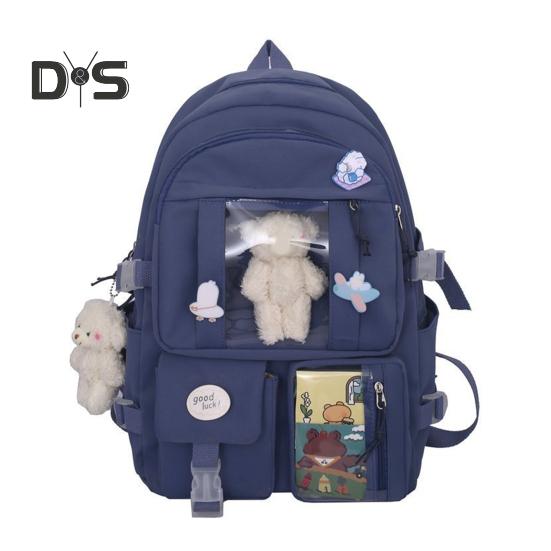 Student Backpack Ergonomic Large Capacity Rucksack with Plush Bear Doll for Book Laptop Retro Casual Schoolbag for Teen School Travel
