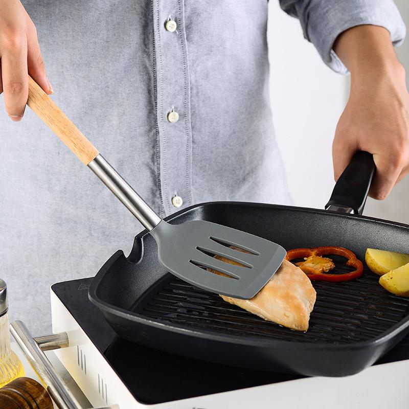 6 PCS Silicone Cooking Kitchen Utensil Set Wooden Handle Kitchen Baking Tools Kitchenware Accessories Storage Bucket