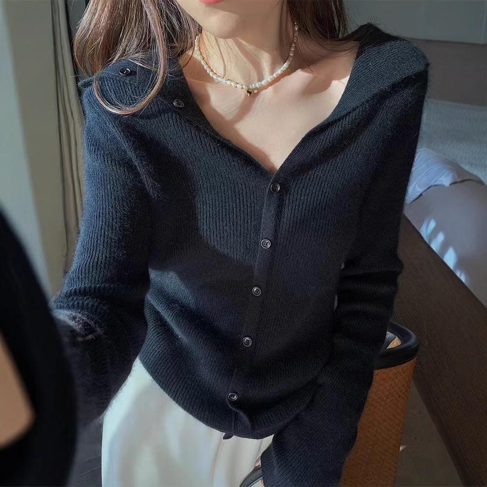 Women's Elegant Navy Collar Pure Wool Knit Cardigan Sweater