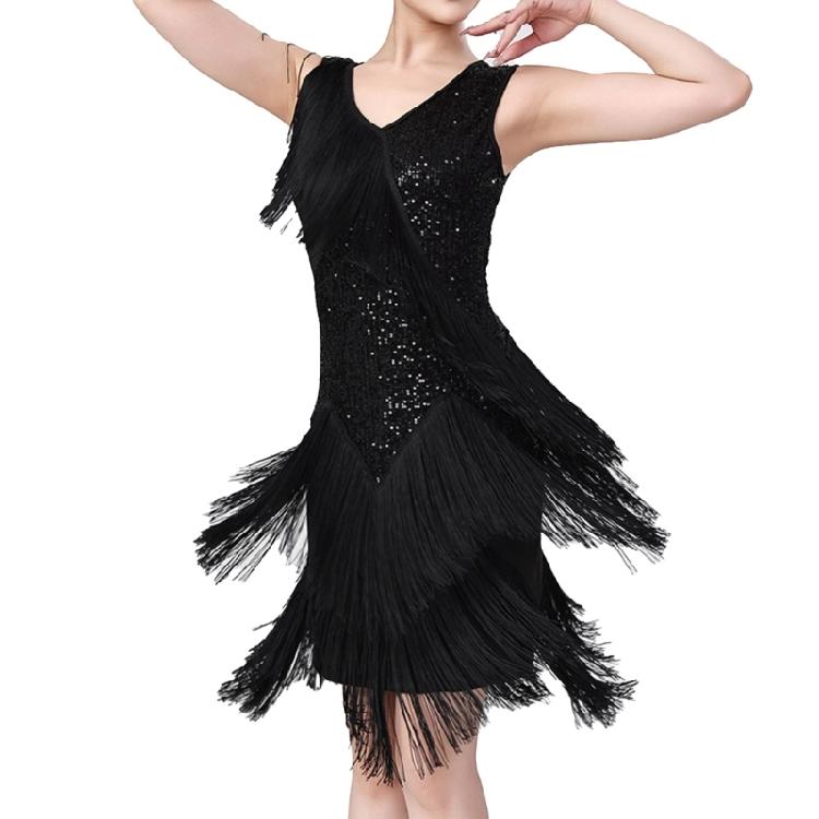 Professional Latin Dancewear Sequined Fringe Dress Breathable Milk Silk Show Outfit XL чёрный