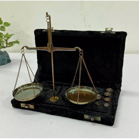 Antique Brass Jewellery Balance Scale with Velvet Box & Complete Weight