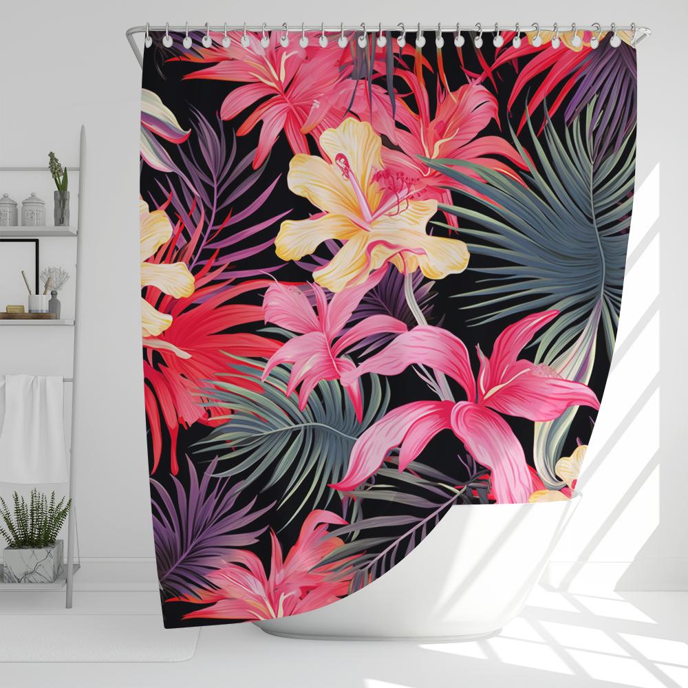 

1 Pcs Printed Colorful Plant Leaves Waterproof Shower Curtain, Gorgeous Flower Leaf Bathroom Decoration Curtain, With Hooks W60H190(CM)-1 Pcs
