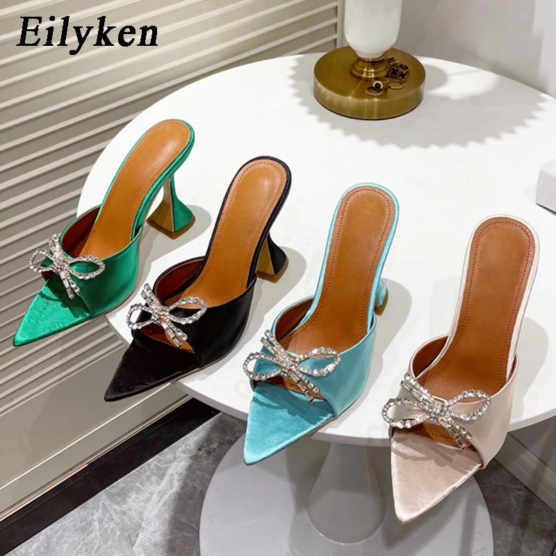 Fashion Eilyken Summer Butterfly-knot Pointed CRYSTAL Thick Heel Slippers Sexy Street Woman Square Toes Dress Shoes Zapatilla De Mujer