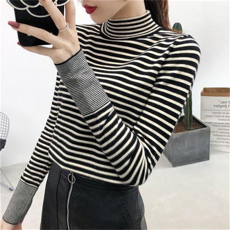 

Осень-зима, новая полосатая вязаная нижняя рубашка с полувысоким воротником, женский свободный внутренний пуловер, свитер, топ one size чёрный