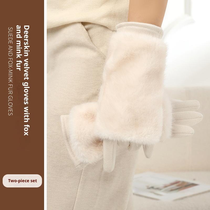 Damen Herbst- und Winterhandschuhe aus Kaninchenfell plus Samt verdickt winddicht und warm Reiten Kälteschutz Touchscreen Wildlederhandschuhe