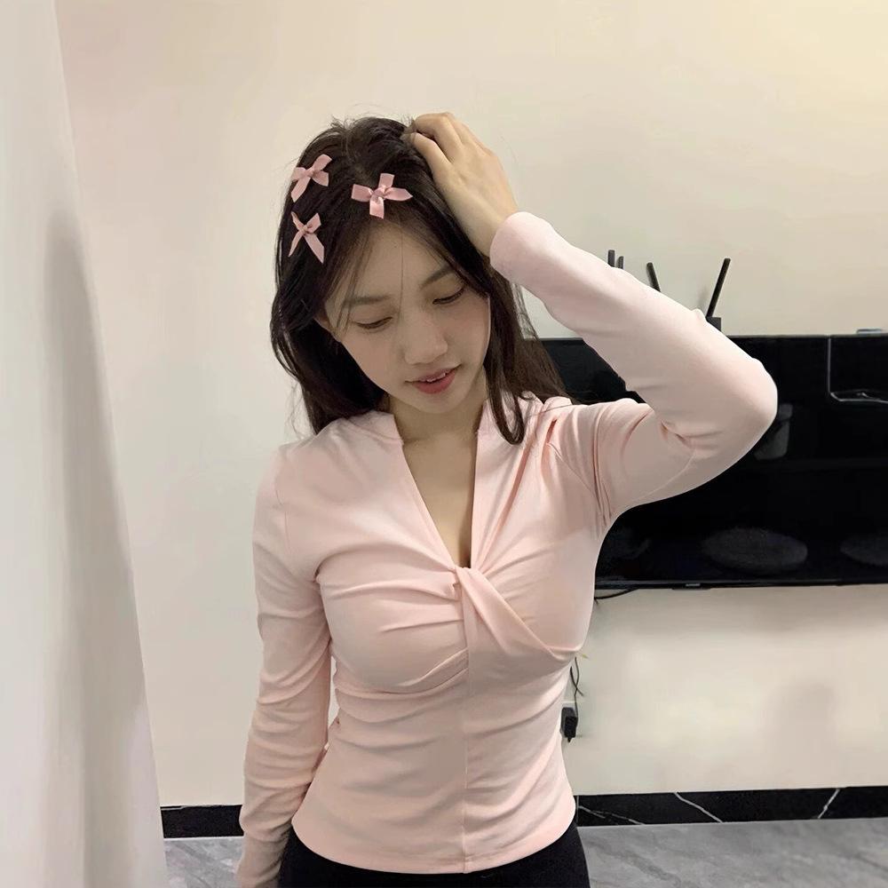 Cotton V-neck Long-sleeved T-shirt Women's Spring and Autumn New Design Sense Slim-fitting Spice Girl with Sweet Inner Bottoming Shirt Top