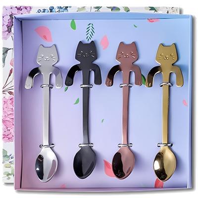 4/1pcs Cute Cat Coffee Spoon Stainless Steel Teaspoons Tableware Dessert Snack Scoops Milk Ice Cream Spoons Kitchen Tableware
