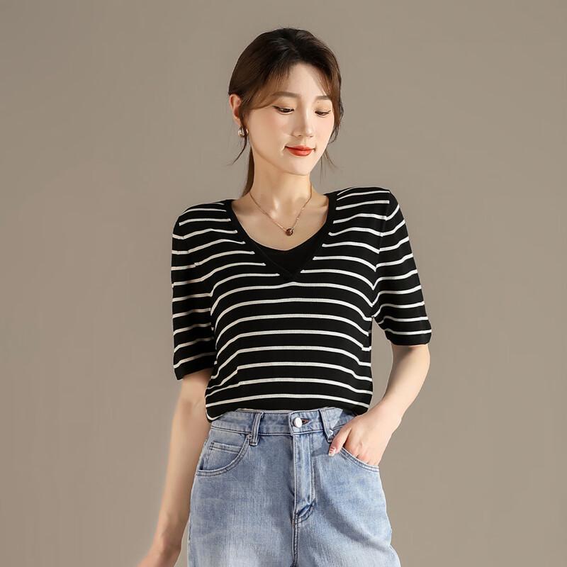 RAIN.CUN Women's Relaxed V-Neck Striped Faux Two-Piece T-Shirt