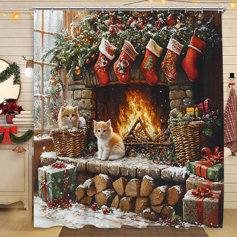 Christmas Shower Curtain Santa Claus Christmas Tree Cat Dog Winter Snowy Snowflake Home Polyester Fabric Bathroom Decor Curtains