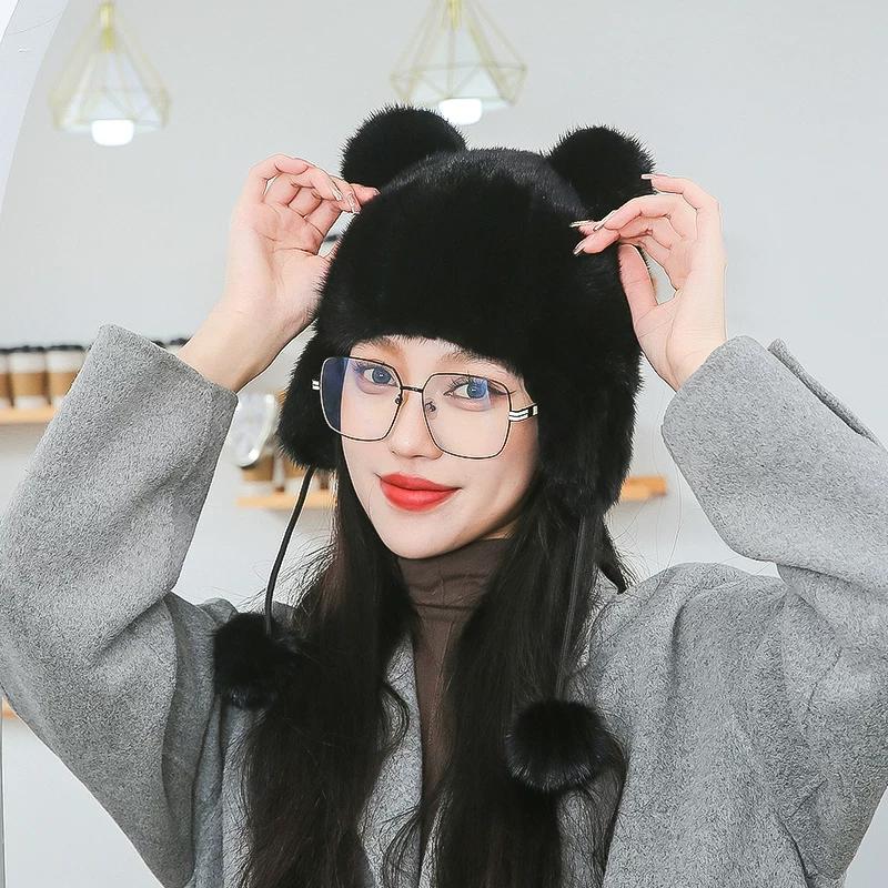 New Mink Leather Hat Women's Winter Warmth Children's Cute Cat Ears Ear Protection Real Mink Fur Hat
