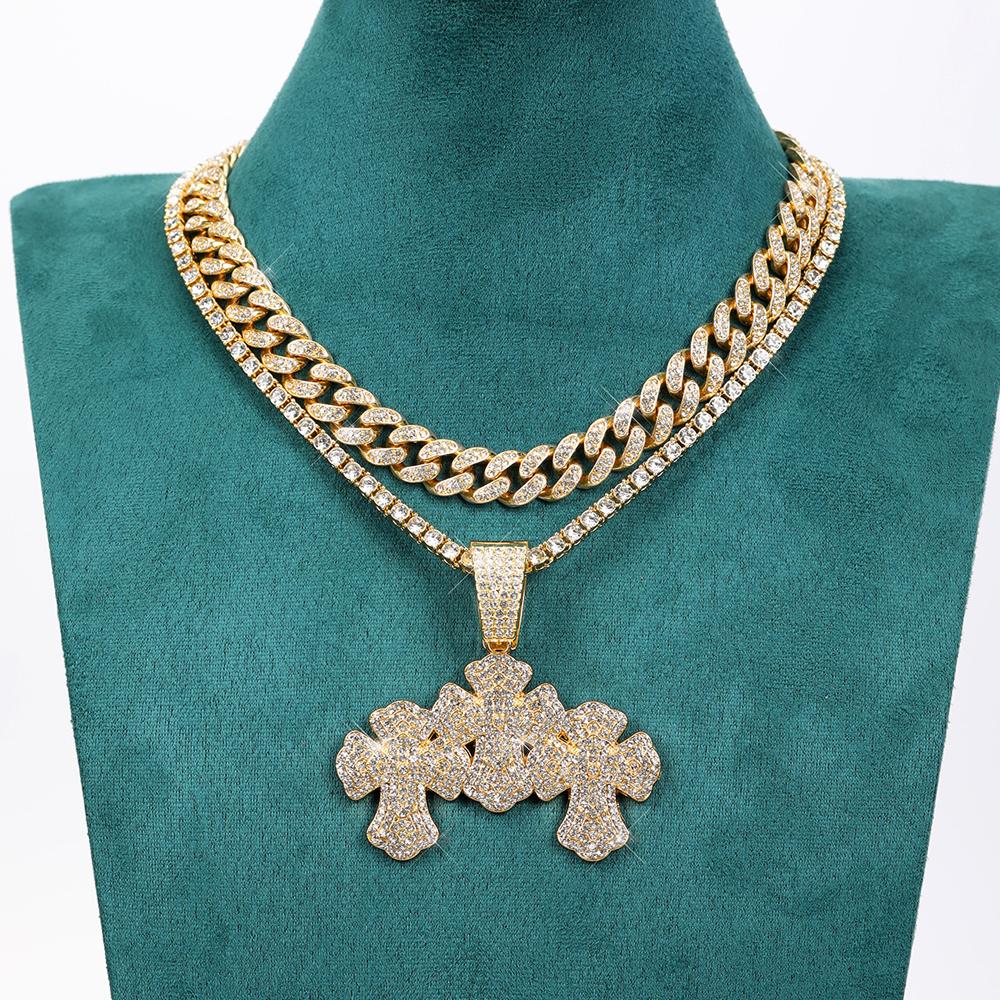 New Hip Hop Stacked Cross Pendant Tennis Chain Necklace,with Cuban Chain Crosses Necklaces Fashion Jewelry,For Men And Women