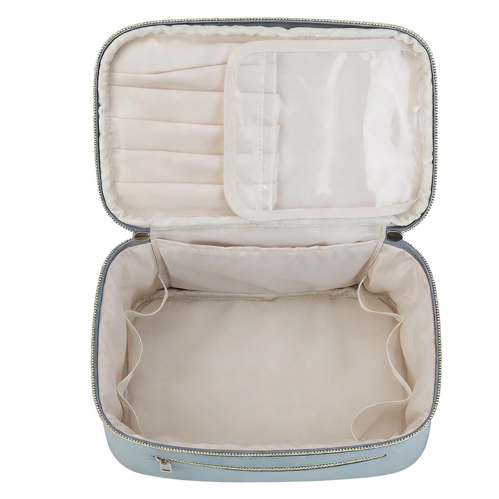 Toiletry Makeup Bag Large Capacity Water Proof PU Cosmetic Bag with Double Zips Independent Brush Compartments for