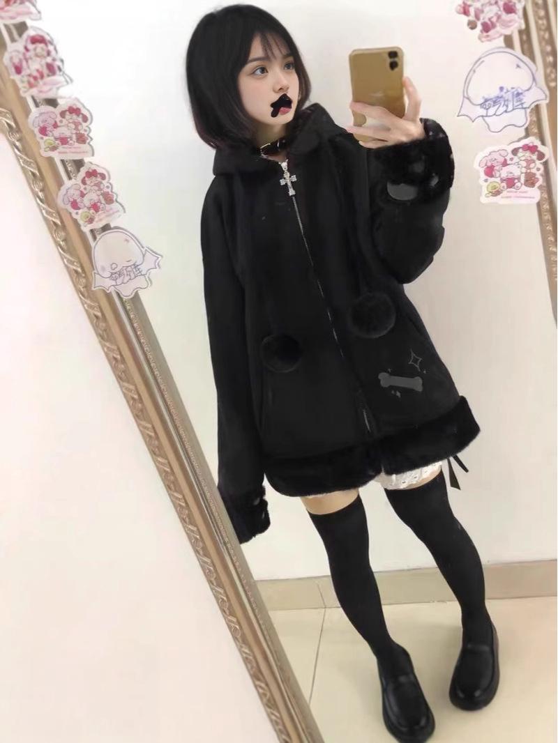 

Свитшот с капюшоном в стиле миллениалов Y2K, пэчворк в клетку, с кошачьими ушками - женская куртка на флисовой подкладке для осени и зимы Large