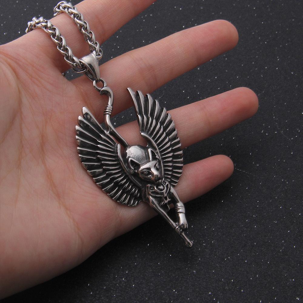 Egyptian Goddess Cat Bastet Necklace Stainless Steel Ancient Egypt Necklace Protection Amulet for Men and Women